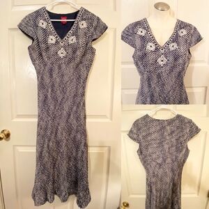 Oscar de la Renta navy and white woven dress